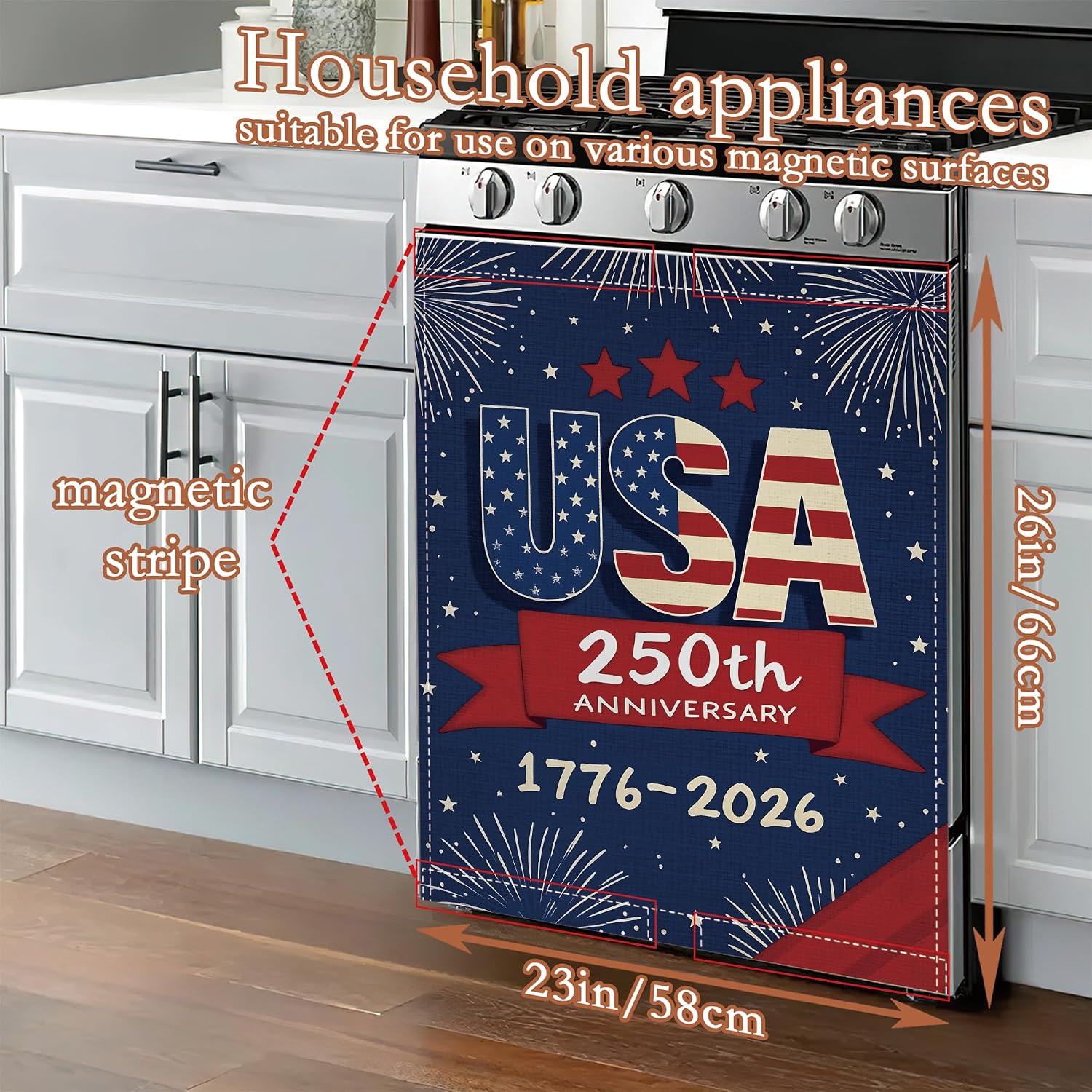 USA 250th Anniversary Magnetic Dishwasher Cover,Patriotic Vintage Decorative Dishwasher Panel for Refrigerator Kitchen Decor Reusable Waterproof Easy Install 23x26 Inch image 2