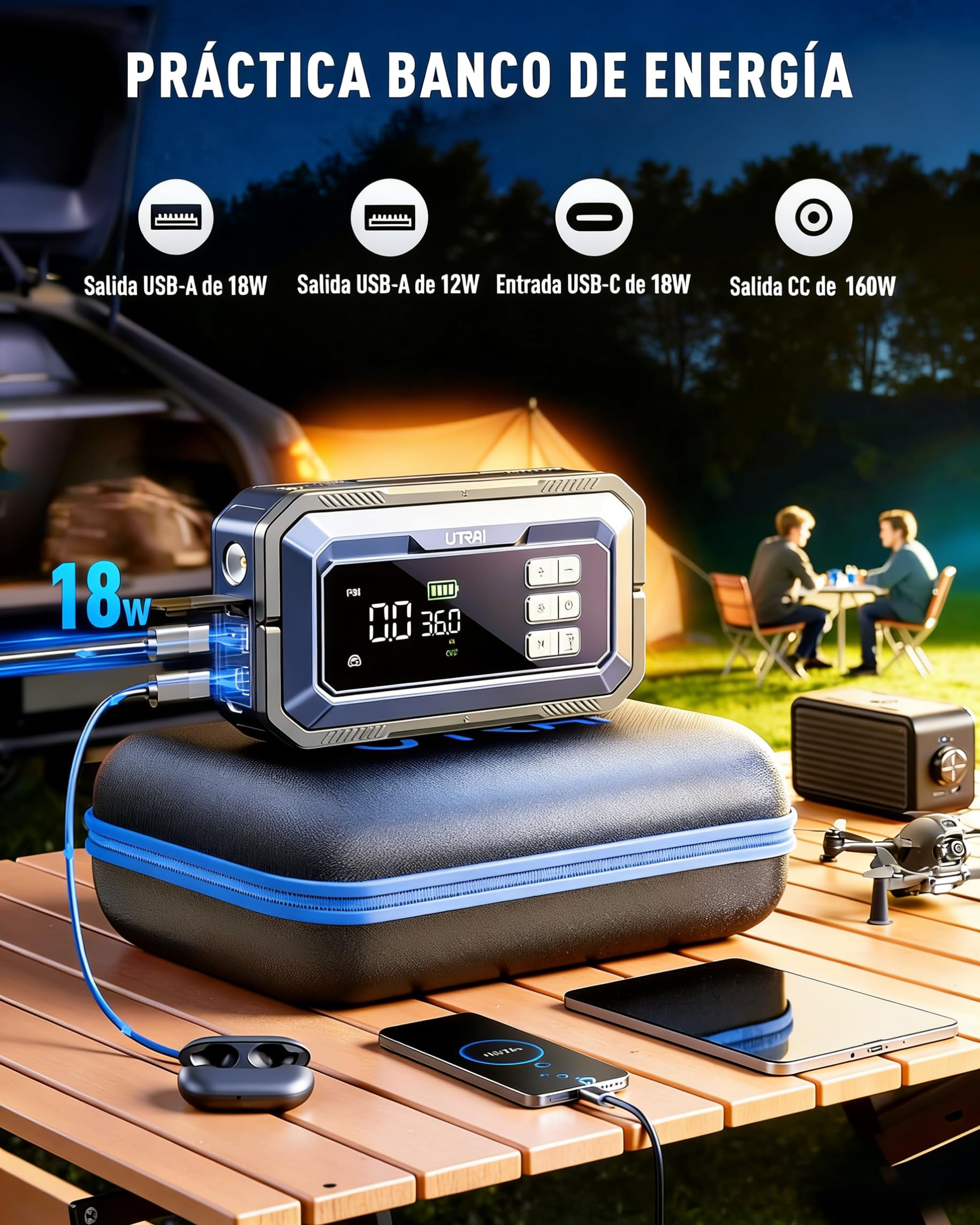 8000A Arrancador de Baterias de Coche con Compresor de Air/Escáner OBD II/160W DC out/Luz LED de 2000 lúmenes/18W Carga Rápida(para All Gas/14L Diesel/híbrido) UTRAI Jump Starter