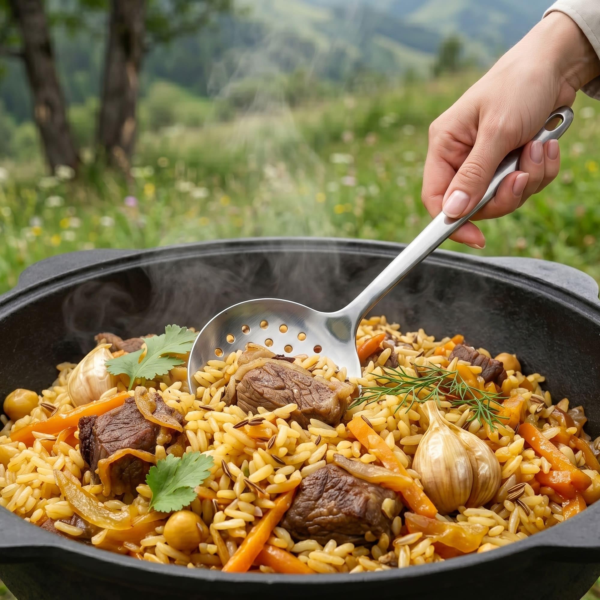 4BIG.fun Kazan Wok en fonte 22 L (fond rond) avec louche à mousse Namangan Uzbek Kazbek Asia Wok Cast Iron Chaudron Camping Usbek avec couvercle en aluminium | Kasan Uzbekisch Asia Wok en fonte pour camping Usbek Marmite pivotante avec couvercle en alumin