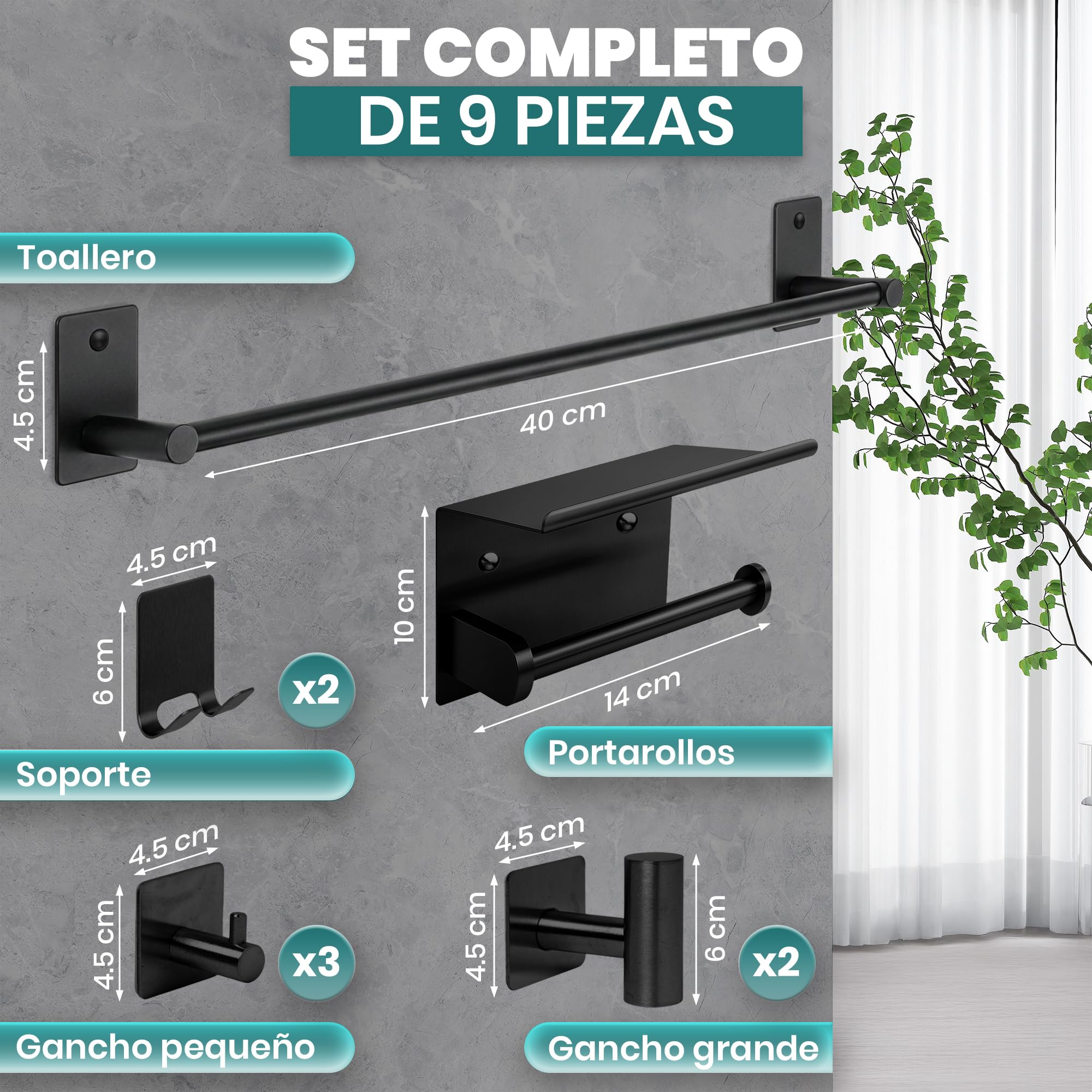 ️Accesorios Baño Sin Taladro Set 9 Piezas Negro, Toallero y Portarrollos con Adhesivo o Tornillos, Ganchos de Pared