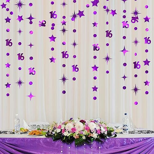 Miniatura 5 de Kit de guirnalda de número 16 morado con puntos circulares y estrellas centelleantes, serpentina metálica para colgar, banderines, banderines, telón