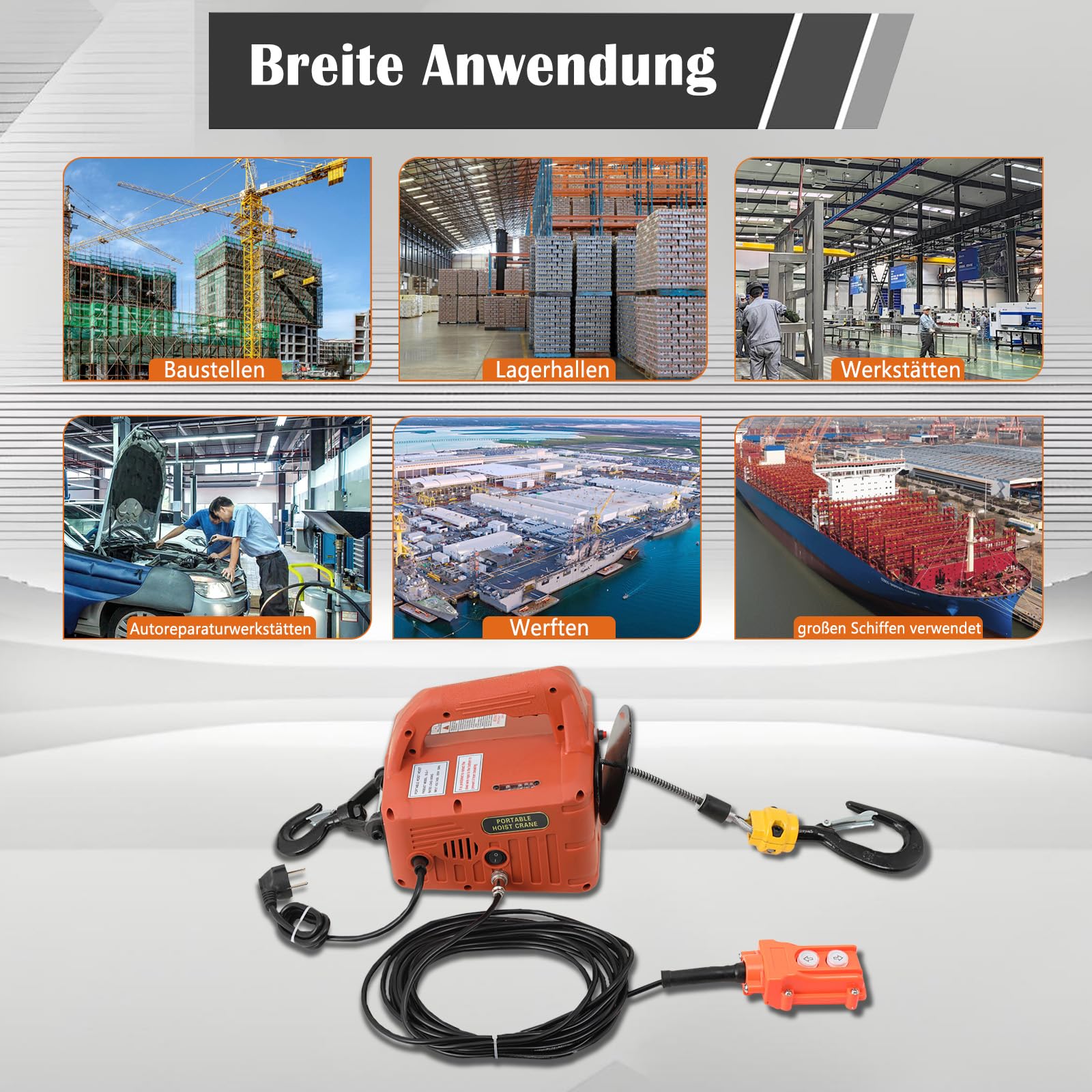 Elektrische Seilwinde 500kg 1500W 230V Funkfernbed. Hub 7,6m | Tragbare Seilwinde 5m/min, mit Fernbedienung, für Garage/Baustelle.