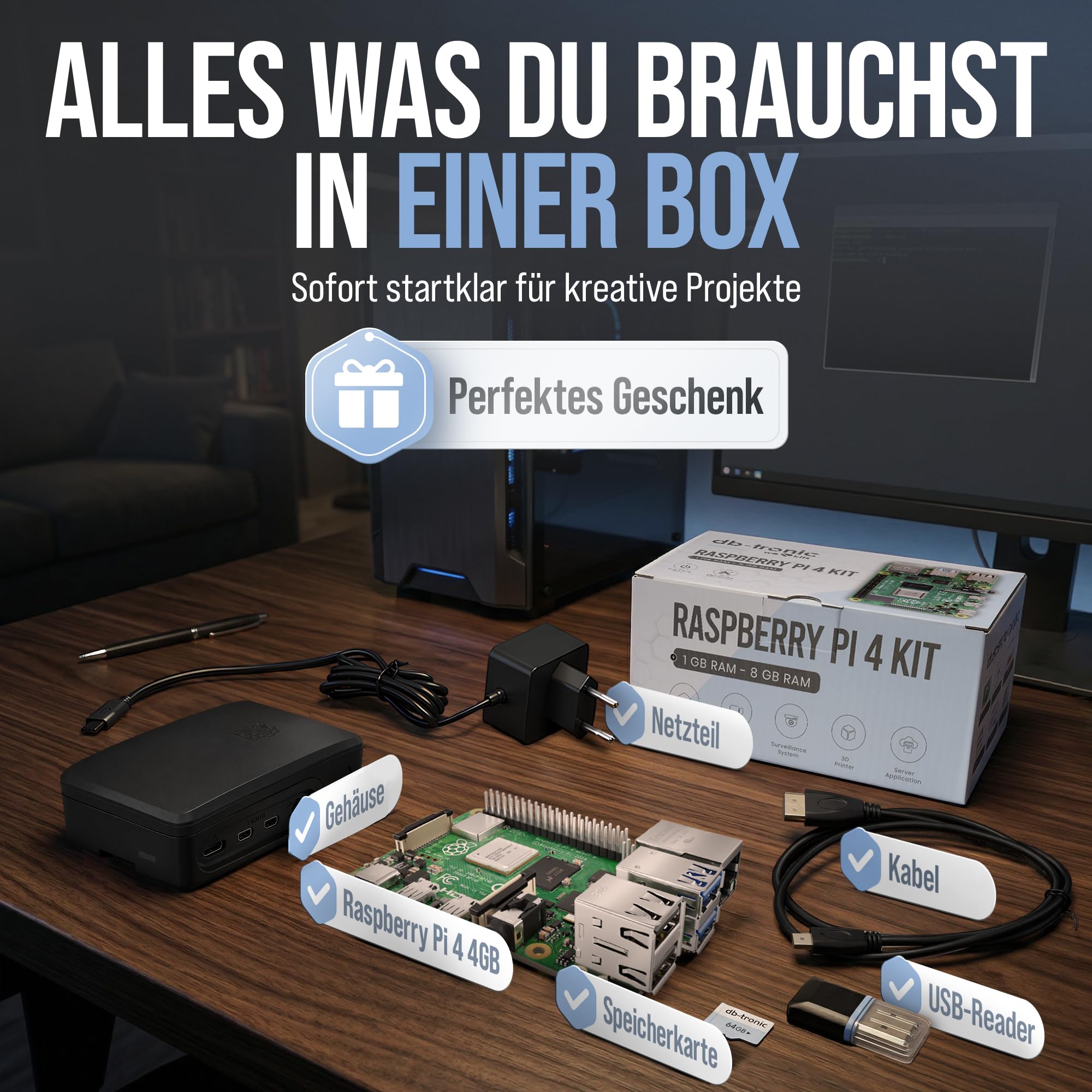 Raspberry Pi 4 4GB Starter Set 64GB Black Edition Netzteil 15W Gehäuse schwarz Kühlkörper Set 4K Micro HDMI Kabel