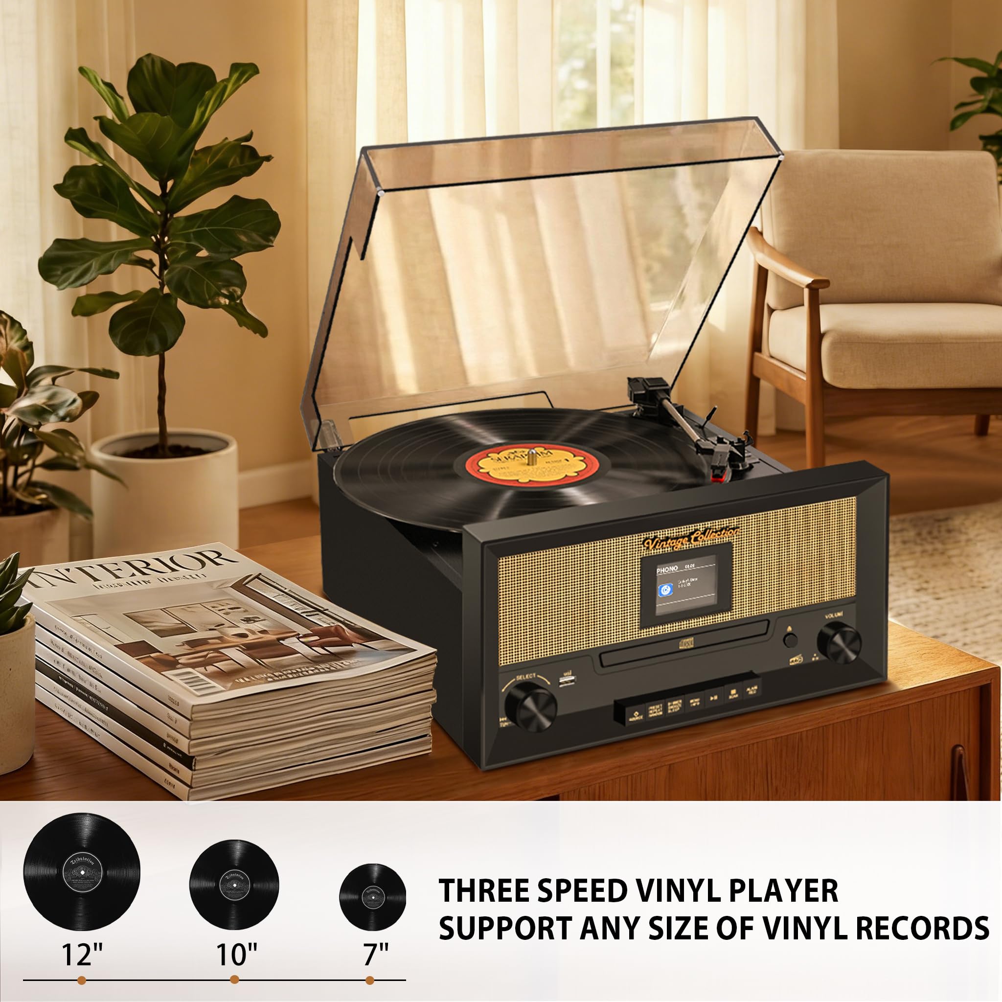 Lettore CD e vinile 9 in 1, giradischi Bluetooth, giradischi a 3 velocità, lettore CD, radio FM e DAB, riproduzione/registrazione USB, ingresso AUX, uscita RCA e jack per cuffie per la decorazione