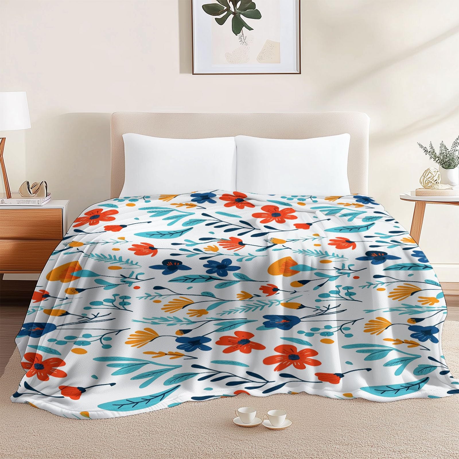 Couverture polaire hiver 200x220 cm avec fleurs peintes à la main