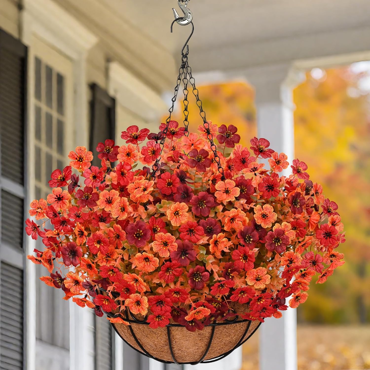 Yastouay Artificial Fall Hanging Baskets for Outdoors, Fake Hanging Plants Realistic UV Resistant Fall Flowers for Fall Decor Porch Patio Garden Decor (Orange Brown Red) Orange Brown Red 12 Bundles