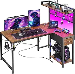 PRAISUN Mesa de jogos em forma de L com prateleiras, mesa de canto para computador com luzes LED, tomadas elétricas e portas USB-C, mesa de escritório em casa reversível de 106 cm com gaveta de