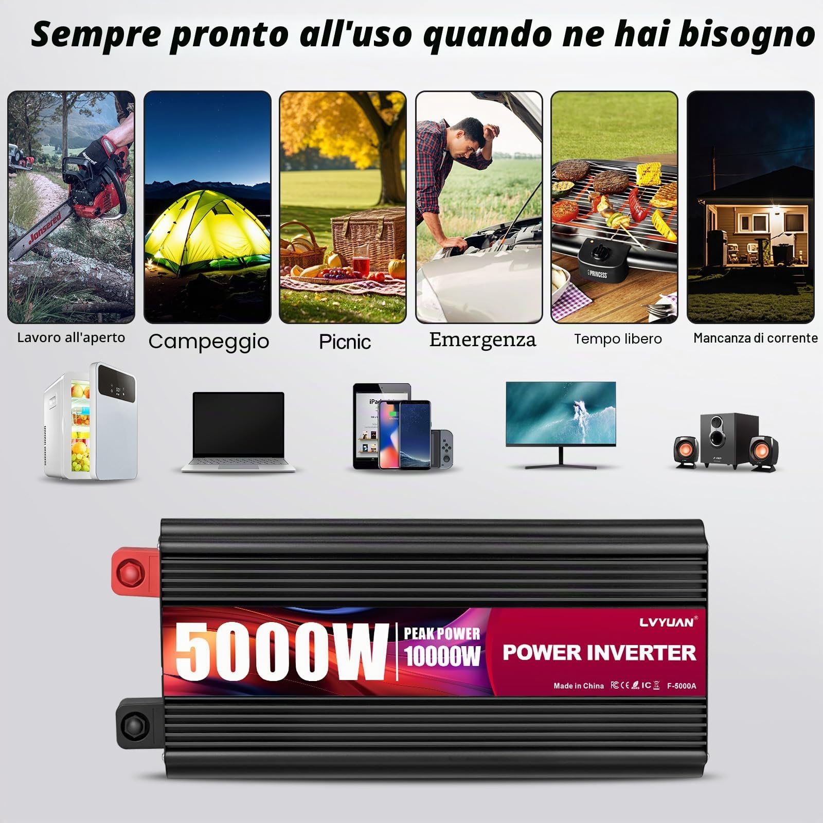 Yinleader Power Inverter 5000W/10000W onda sinusoidale modificata Convertitore DC 12V a 220V AC Convertitore di corrente con 2 prese AC, Telecomando, display LCD e porta USB per Auto, Camion e Camper