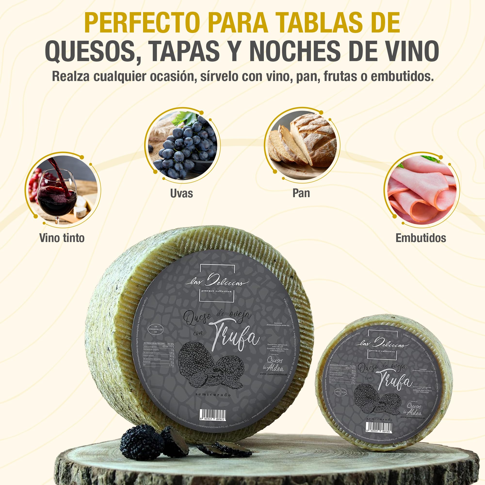 Fromage LA ALDEA Artisanal | Fromage de Brebis Mi-Affiné à la Truffe 0,75 kg | Affiné 3 Mois, Lait de Brebis | Fromage Gourmand, Coffret Cadeau de Fromages Gourmands, Panier Gourmand