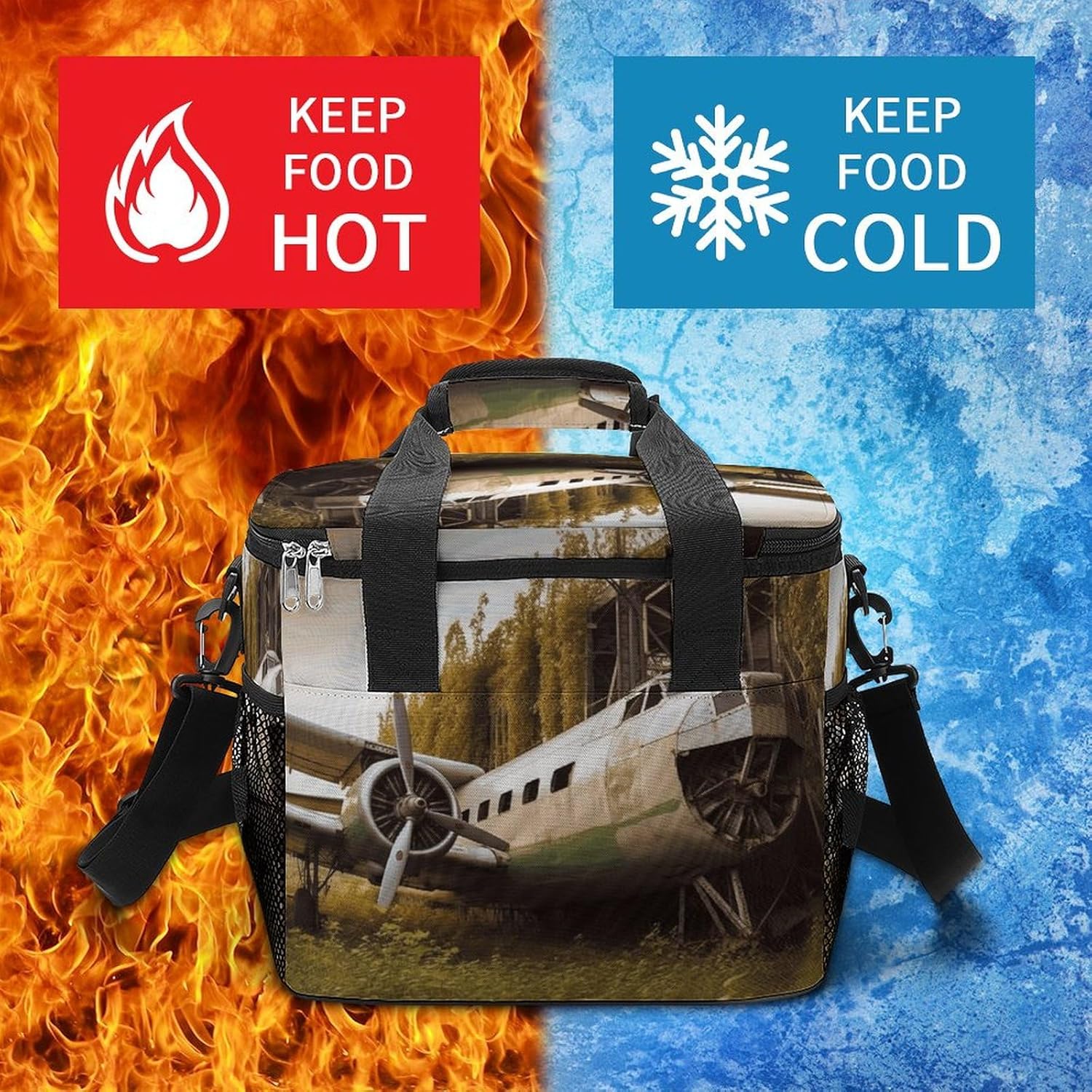Camping Ice Pack, Abandoned Plane Print Cooler Bag, 22.5L Large Capacity Insulated Lunch Tote Bag for Outdoor, Picnic, BBQ, Travel, Work