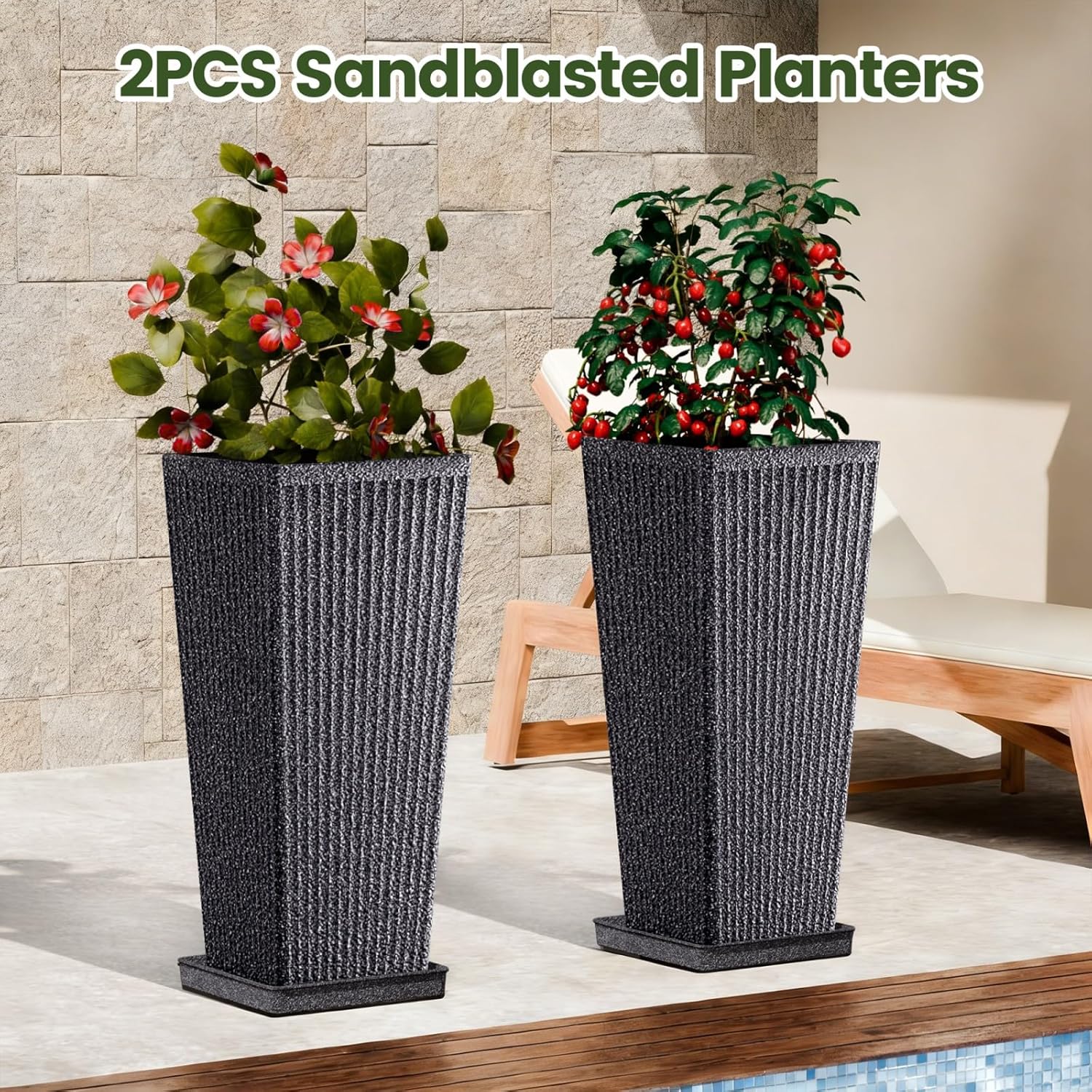 Front Porch Planters Outdoor Set of 2, 24" Tall Plastic Planters for Outdoor Plants with Drainage, Extra Large Outdoor Planter Pots, Tapered Tall Planters for Front Door & Indoor Plants, Grey