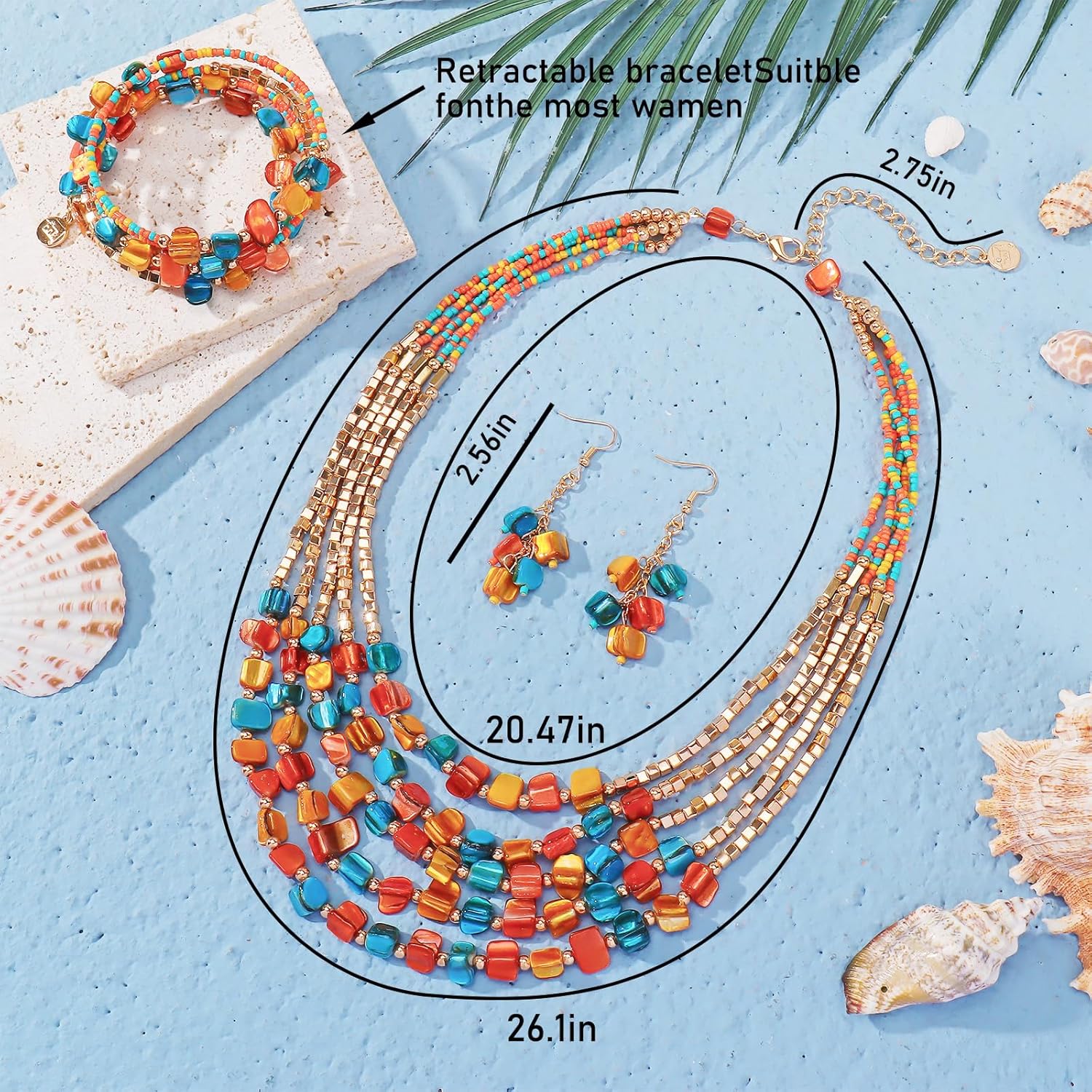 Firstmeet Bohemian Layered Shell Beaded Necklace With Earrings Seed Bead Irregular Costume Jewelry for Women