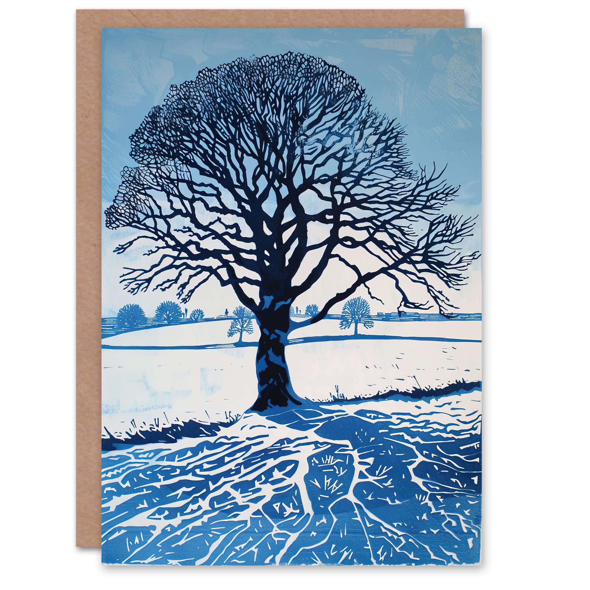 Artery8 Greeting Card Winter Oak Tree Silhouette Snow Field Landscape Blank For Him Or Her Art Birthday Card