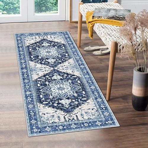 Yamaziot Washable Runner Rug, 2x5 Non-Slip Boho Vintage Hallway Rug Runner with Rubber Backing, Stain Resistant & Low Pile Faux Wool Distressed Carpet Runner for Kitchen, Laundry, Entrance, Blue
