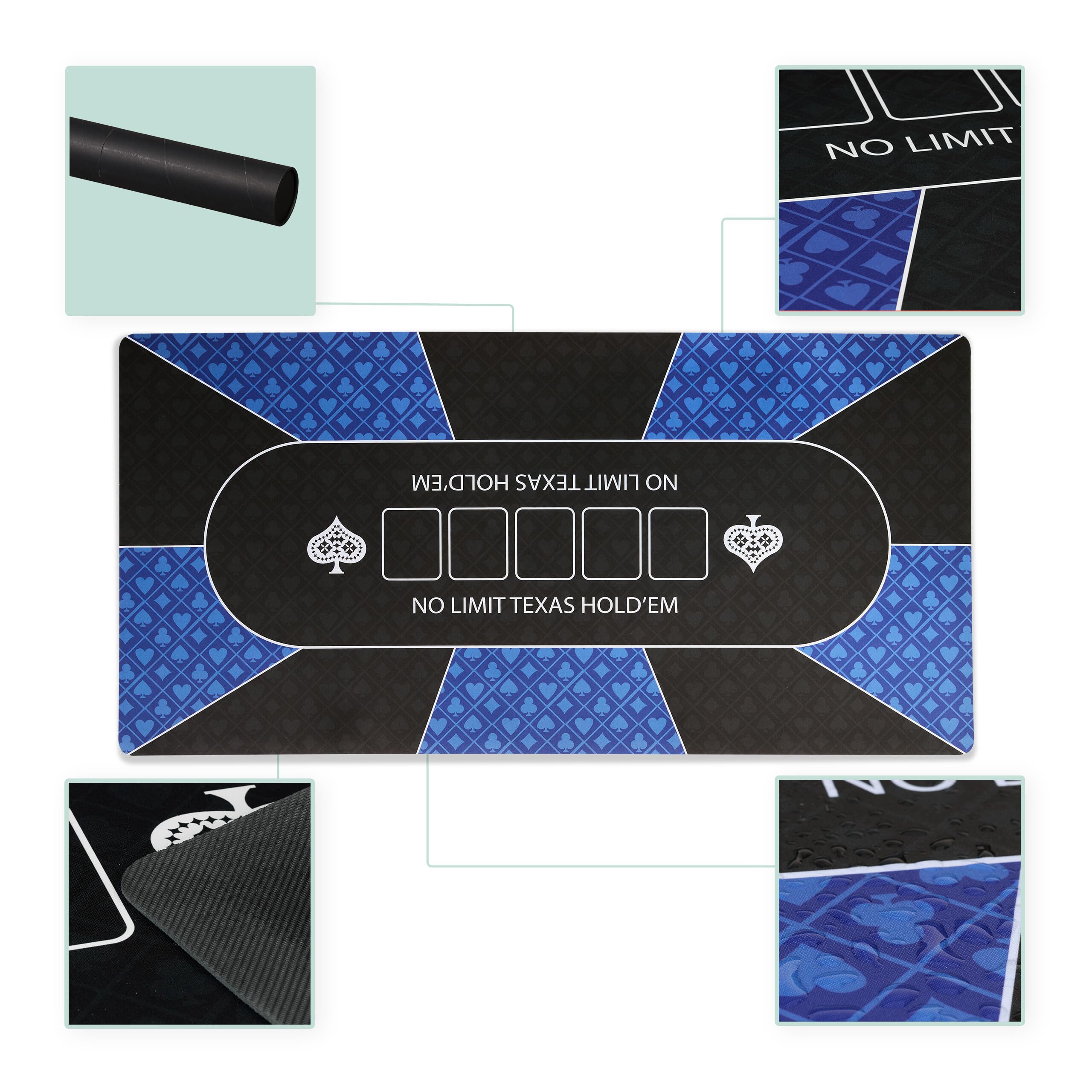 Relaxdays Texas Hold'em, mata do pokera, 120 x 60 cm, antypoślizgowa, wodoodporna, dywan do pokera z rękawami, 10 graczy, niebieski/czarny