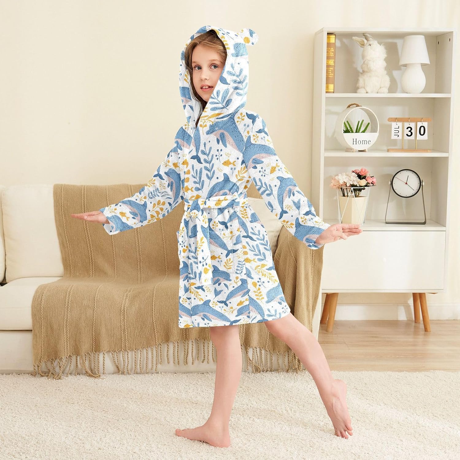senya Cute Whale and Grass Toddler Hooded Bathrobe Kids Soft Plush Bath Towel Robes for Boys Girls 2-12 Years