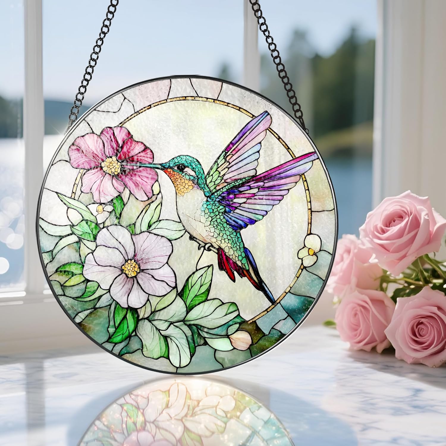Hummingbird Suncatcher Stained Glass, Stain Glass Window Hanging, 8 Inch Stained Glass Decor, Bird Wall Art, Hummingbird Gifts, Gifts for Mom, Indoor Decor, Memory Sympathy Gift