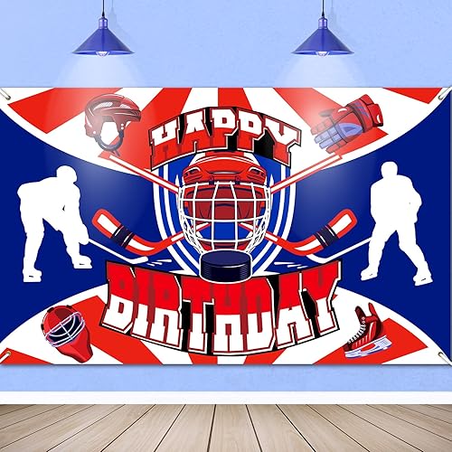 Banner de decoración de cumpleaños de hockey, tema deportivo de hockey sobre hielo, azul, rojo, feliz cumpleaños, hockey, fiesta de cumpleaños,