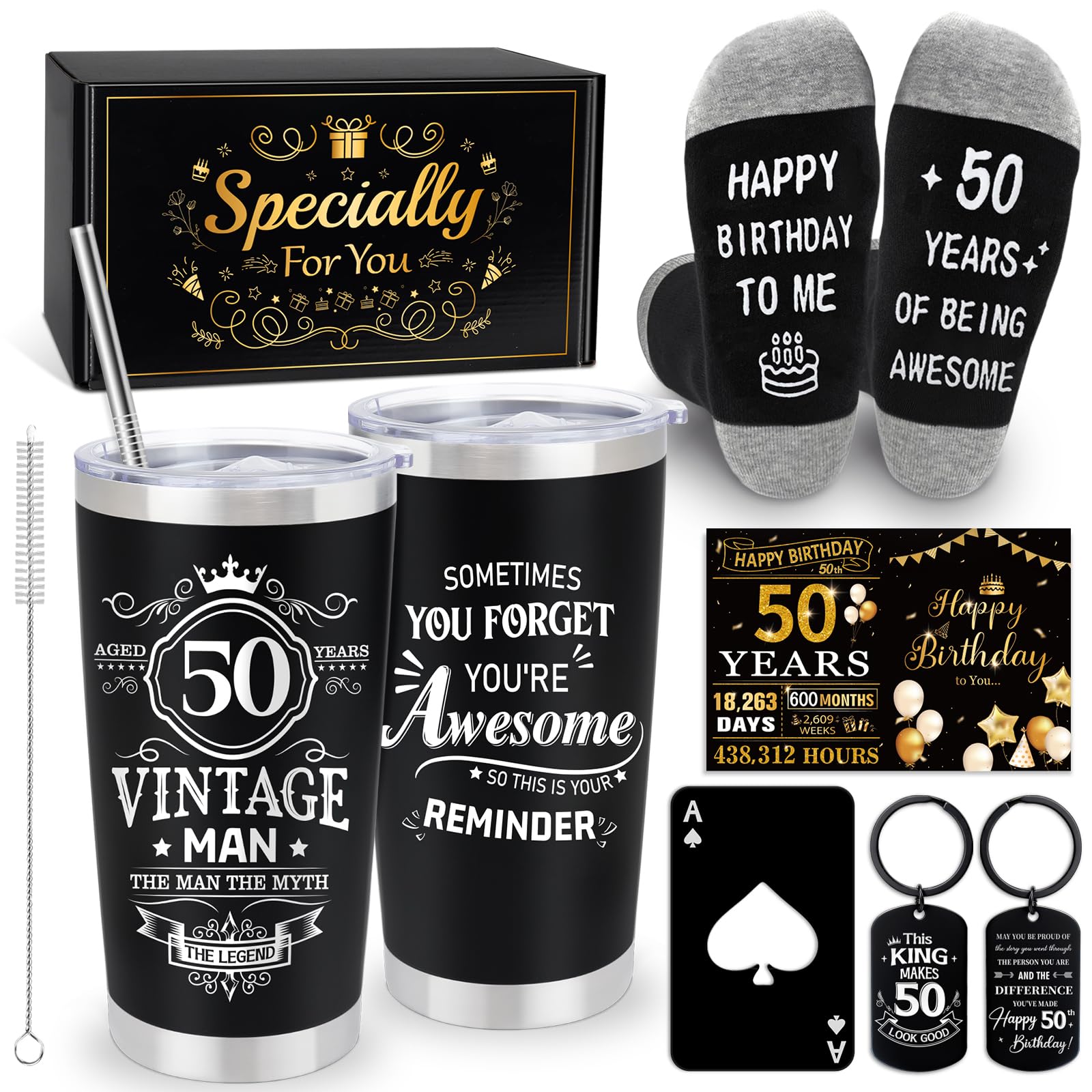 Epaing 50th Birthday Gifts Men Set, Funny and Unusual Birthday Gifts Ideas for 50th Mens, 7 PCS Gift Box with 20 oz Insulated Tumbler, Personalised Presents for Dad Brother Grandad Friend Lover