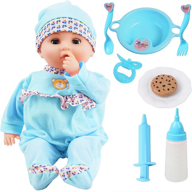 Toy Choi's 16 Inch Baby Doll with Different Sounds and Accessories, Blue | Interactive Crying Talking Feeding Features, Soft Cotton Body, Preschool Toys for Girls, Pretend Play Gifts for Toddlers Kids
