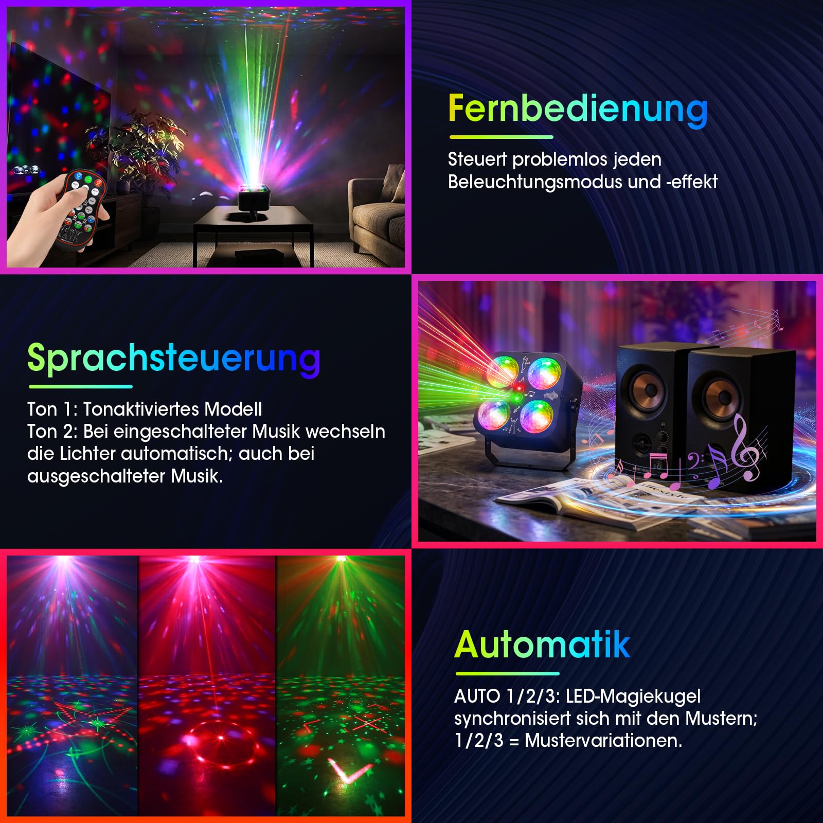 Discolichter für Partys, 3 Modi: Tonaktiviert/Fernbedienung/Auto, mit 4 Discokugeln und 2 Hauptlichtern, 64 Muster, ideal für Zuhause, Geburtstage, Karaoke, Tanzen, Bars, KTV, Clubs