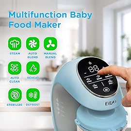 EVLA\'S Baby Food Maker, Steamer, Blender, Baby Food Processor for Healthy Homemade Baby Food in Minutes, Touch Screen with 6 Reusable Food Pouches, Baby Registry Essential, Blue