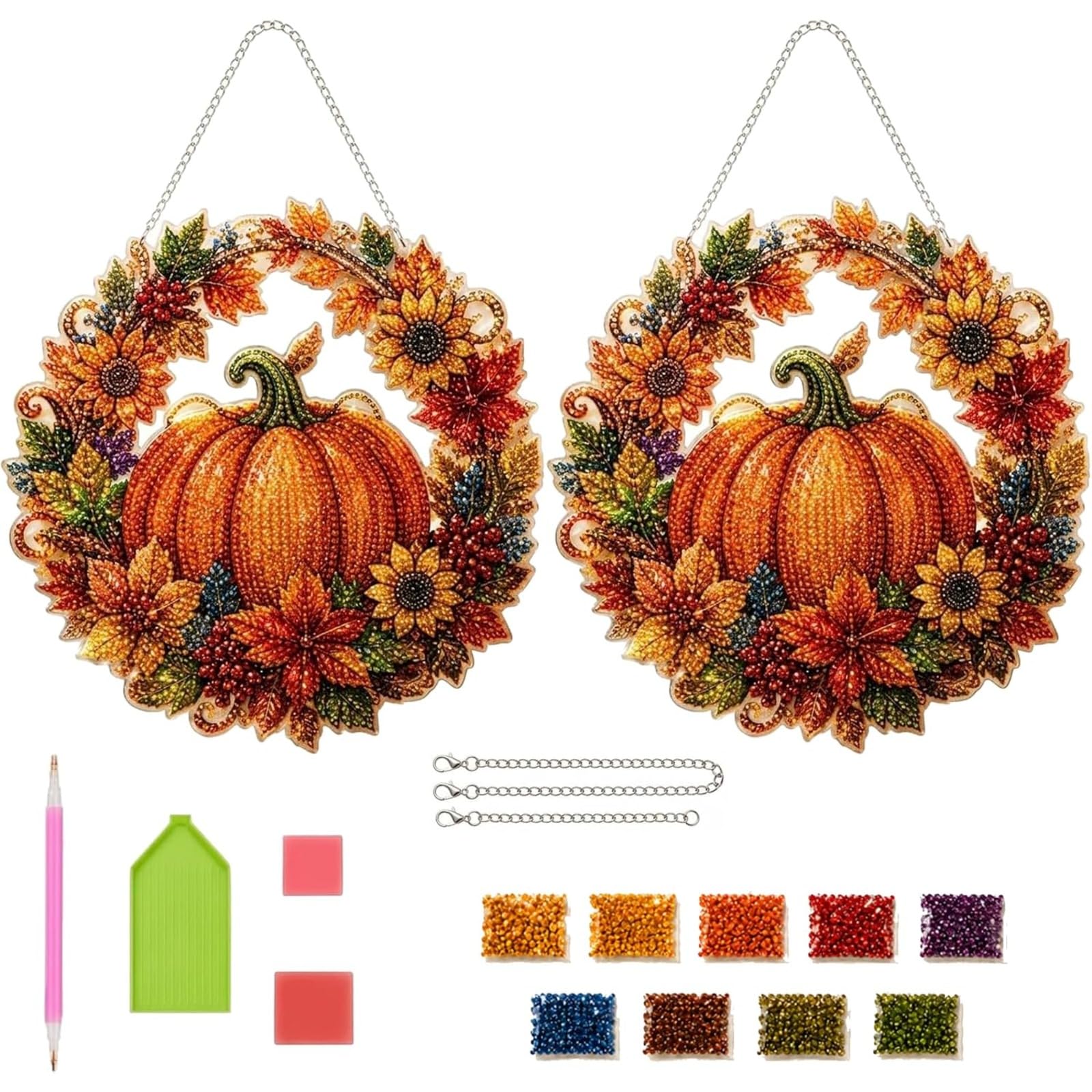 Kit Diamond Art Citrouille d'Automne : 2 décorations suspendues en acrylique pour fenêtre