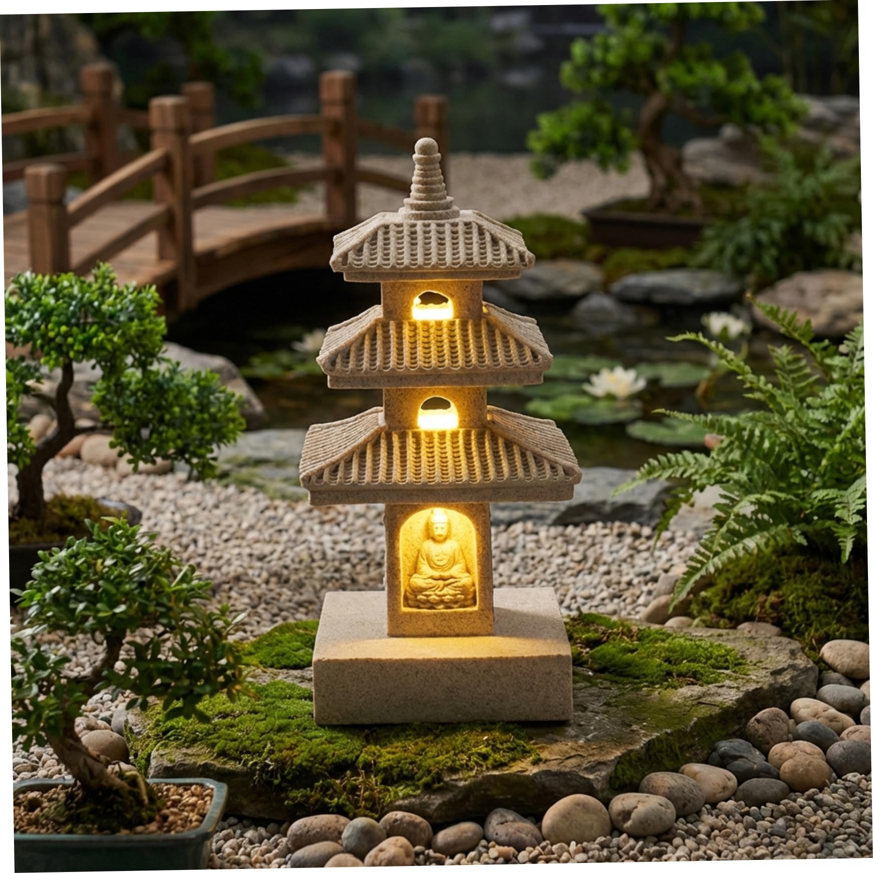 Faticenic Pagoda Garden Statue, 10 Inch Weatherproof Solar Garden Decor, LED Light Zen Japanese Lantern for Backyard Balcony Patio Lawn Yard, Khaki, Pagoda Statue, Décor