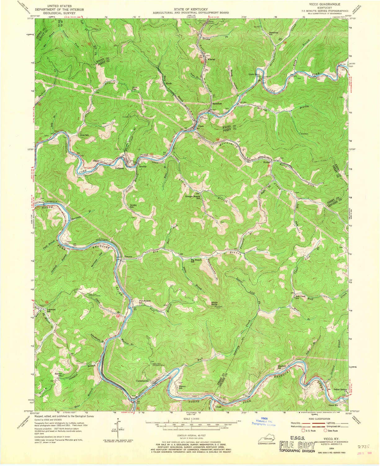 YellowMaps Vicco KY topo map, 1:24000 Scale, 7.5 X 7.5 Minute, Historical, 1954, Updated 1968, 26.9 x 22 in - Tyvek