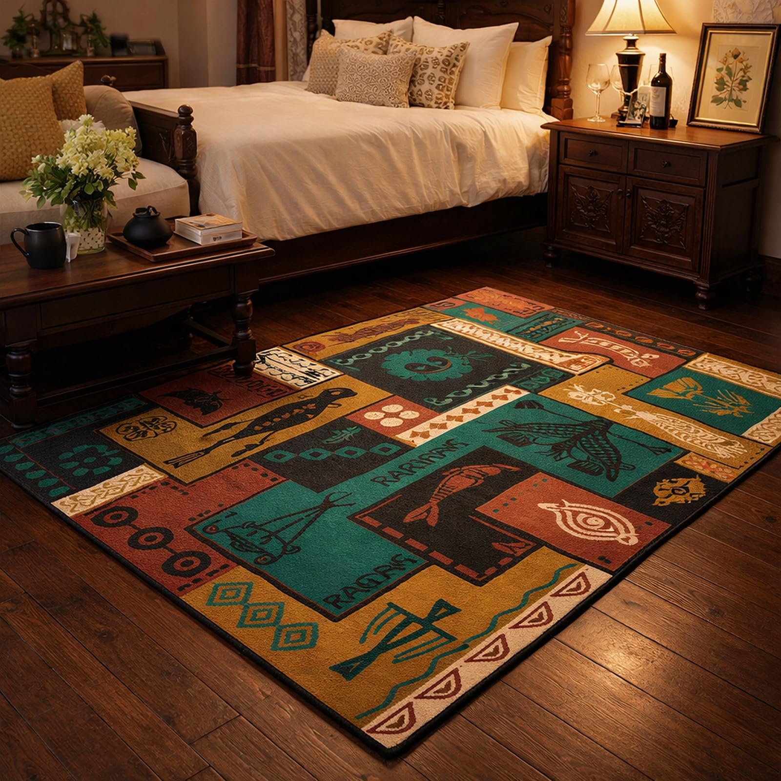 Grand tapis de salon poil ras aux finitions soignées et motif abstrait vert traditionnel