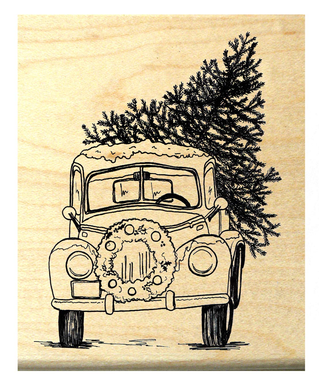 P118 Old Pick up Truck with Christmas Tree Rubber Stamp