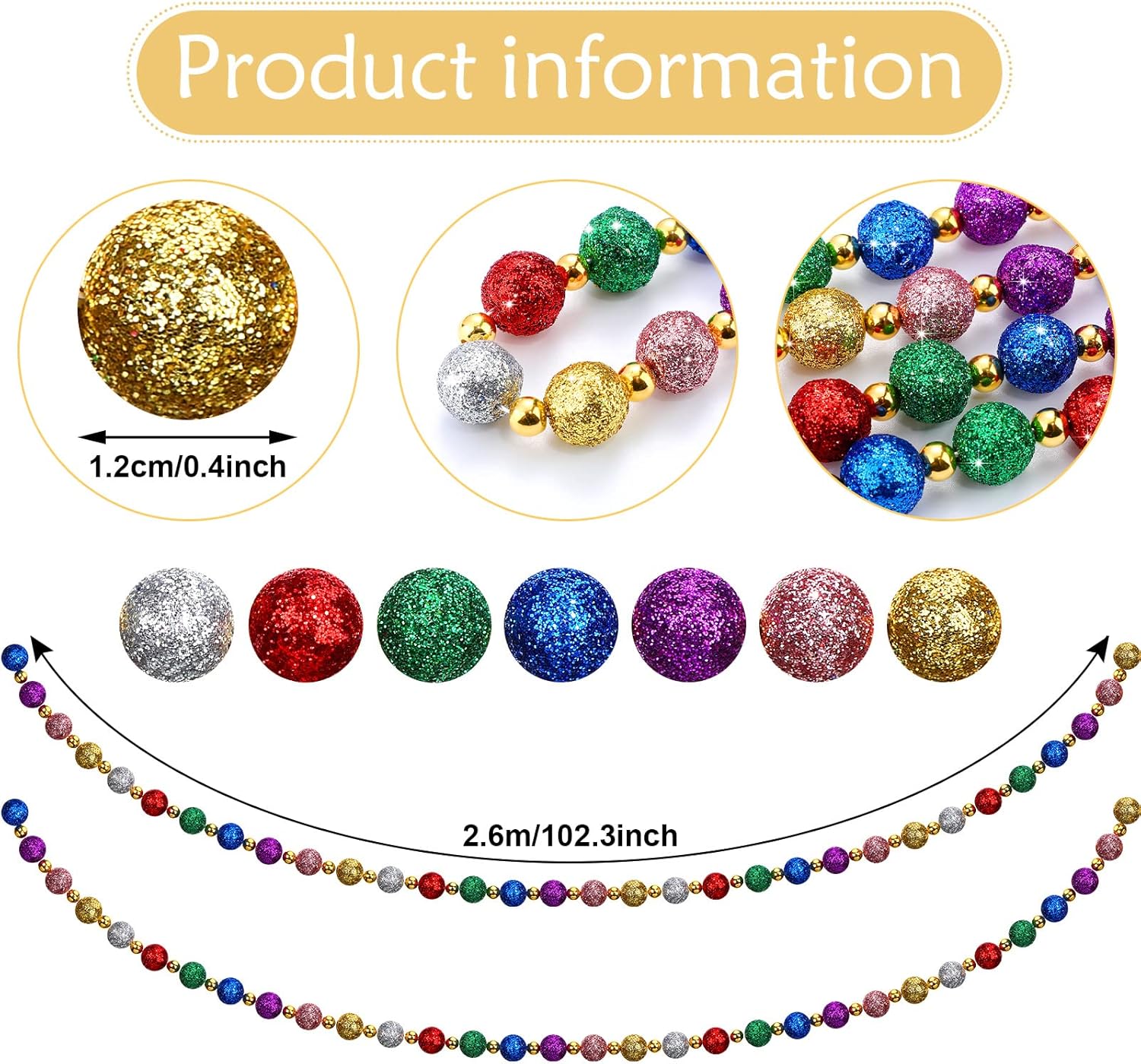 17 ft Christmas Tree Beads Garland - Glitter Ball Colorful Red Green Gold Beads for Xmas Decor - Holiday Hanging Decorations for Home Mantel