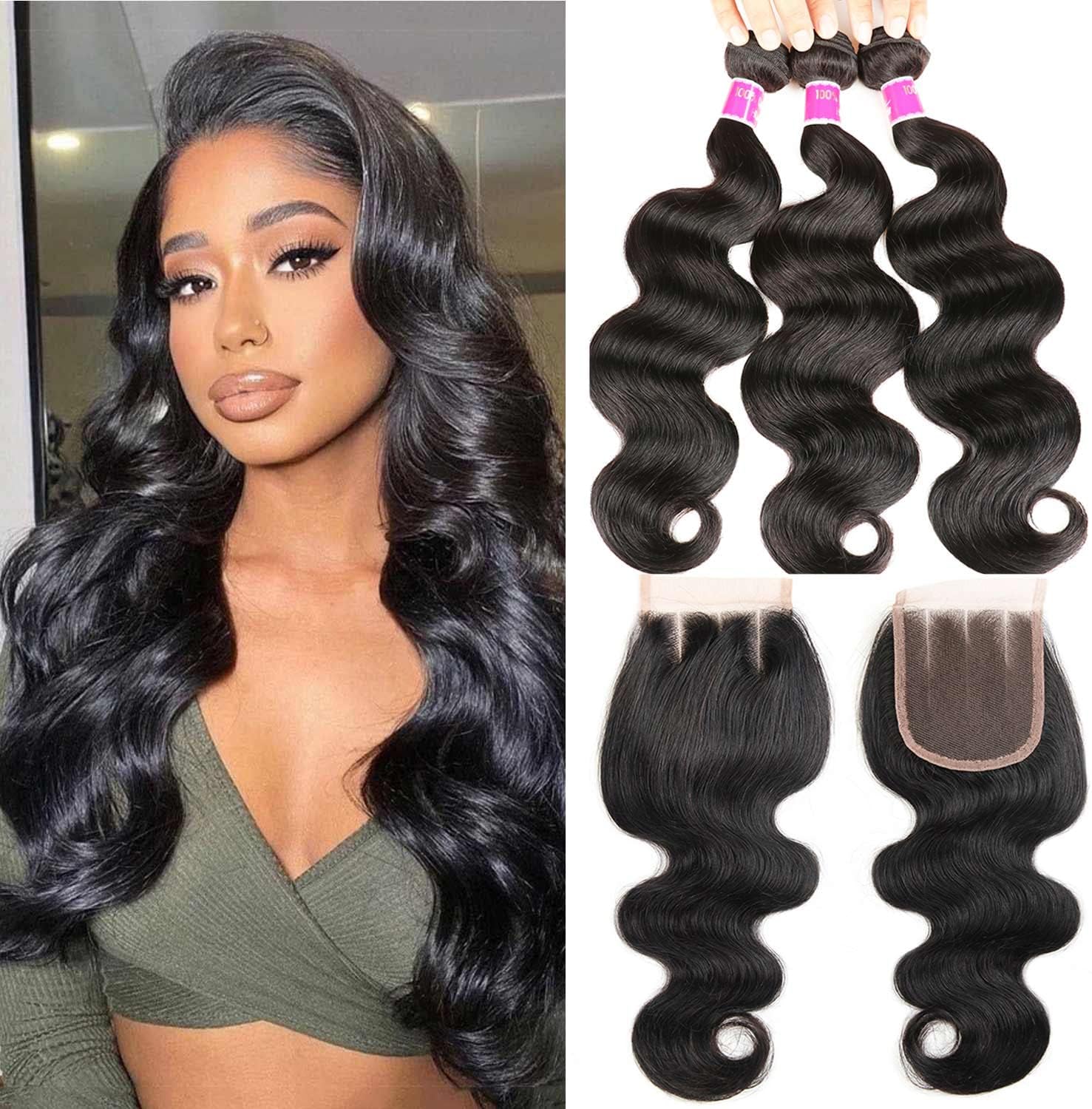 9A Brazilian Body Wave Bundles with Closure (16 16 16+14 3 part closure)100% Unprocessed Virgin Human Hair with Closure Body Wave Lace Closure with Bundles Human Hair