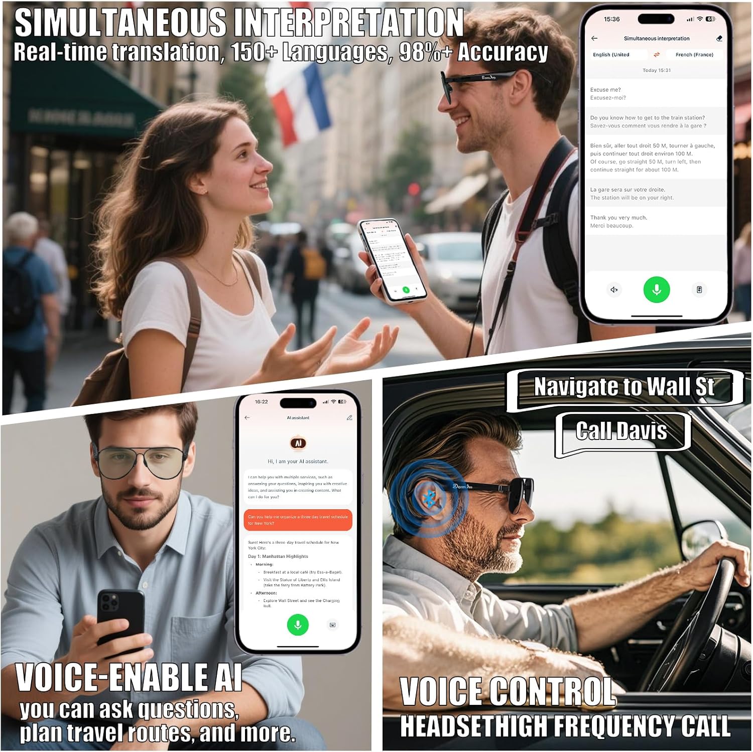 AI Glasses, Smart Glasses for Men with Bluetooth 150+ Languages Real-time Translation Nano IPX7 Waterproof Polarized Touch Control Anti-UV Anti-Dizziness Lightweight