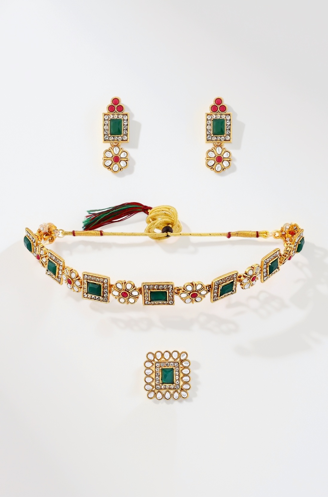 Green & Pink Stones Ethnic Collar Bone Necklace Earring & Ring Set For Women-ZPFK11665