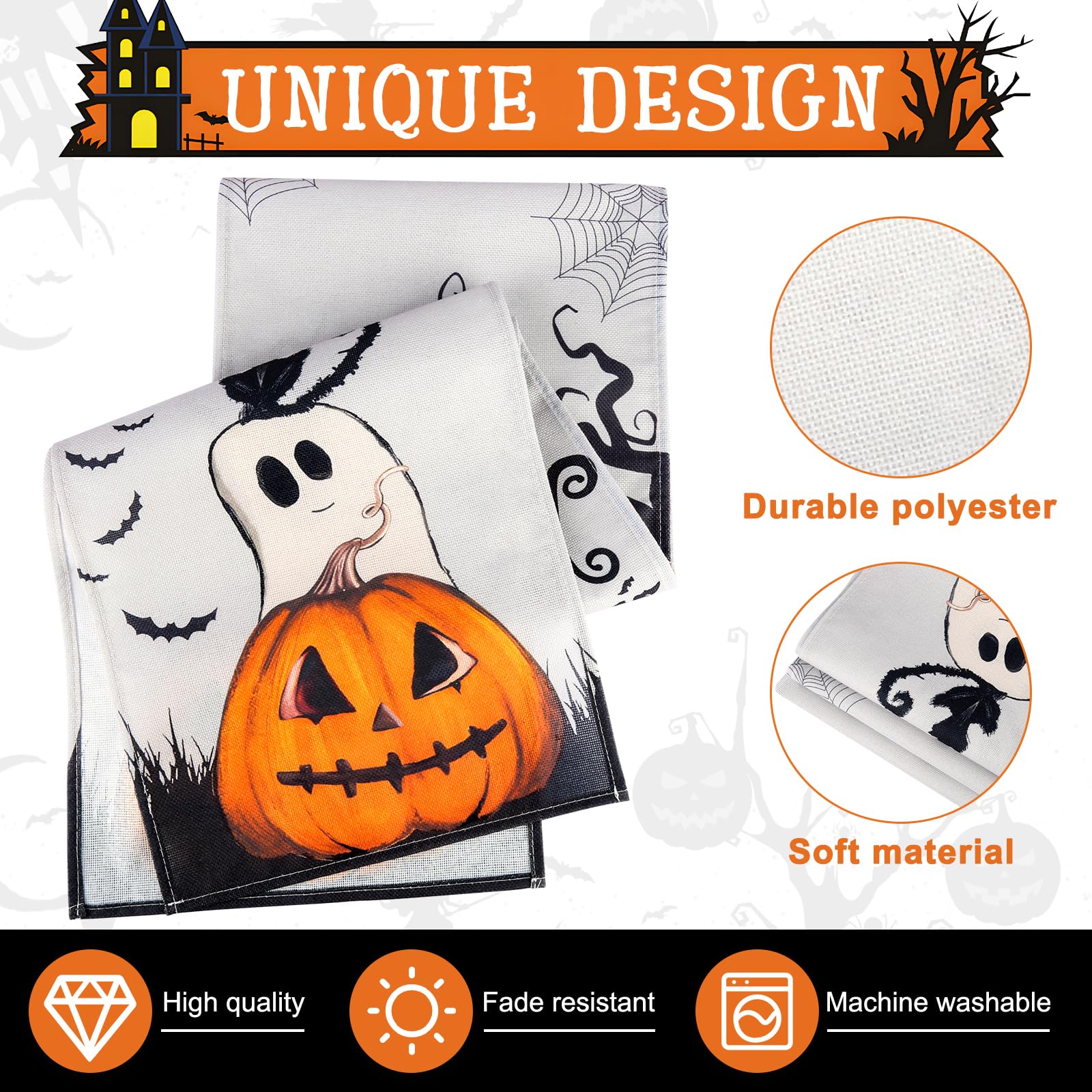 Halloween Tischläufer Mit Geister-Muster – 183 X 33 Cm, Aus Leinen, Waschbar, Für Party-Deko & Tischschutz