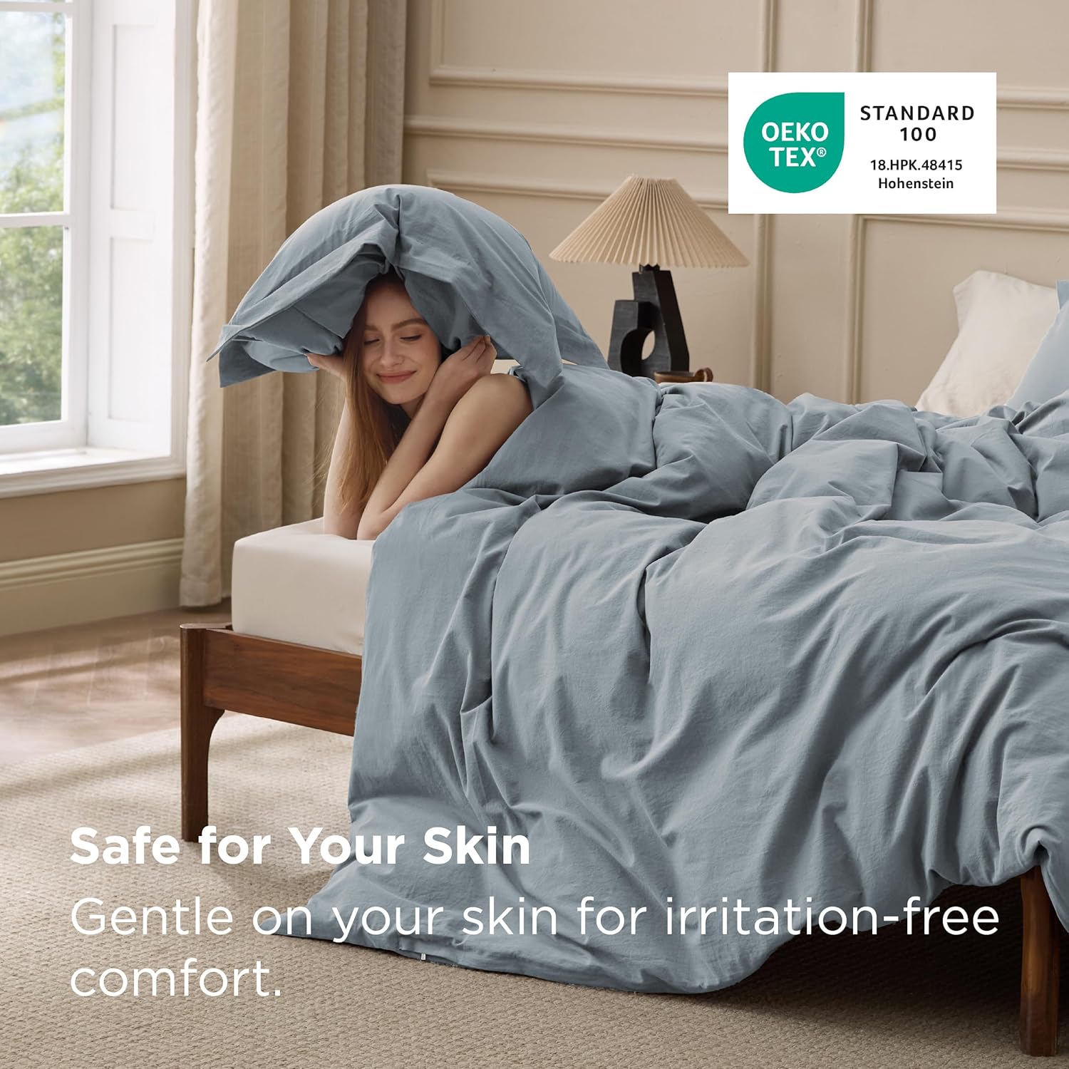 Bedsure 100% Washed Cotton Duvet Cover Queen Size - Dusty Blue Minimalist Cotton Bedding Linen Like for All Seasons - GentleSoft™ Plain Simple Duvet Cover, 3 Pieces (Dusty Blue, Queen, 90"x90") thumbnail
