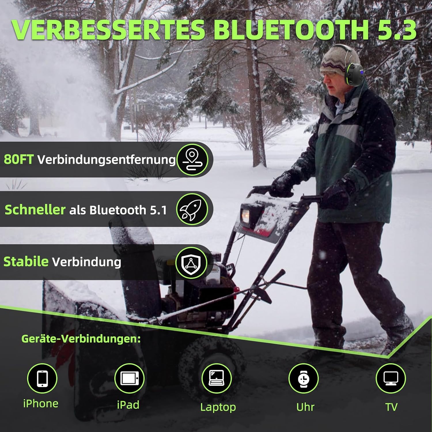 Image illustrating improved Bluetooth 5.3 features, including 80ft connection range, faster than Bluetooth 5.1, and stable connection, with icons for compatible devices like iPhone, iPad, Laptop, Watch, TV.