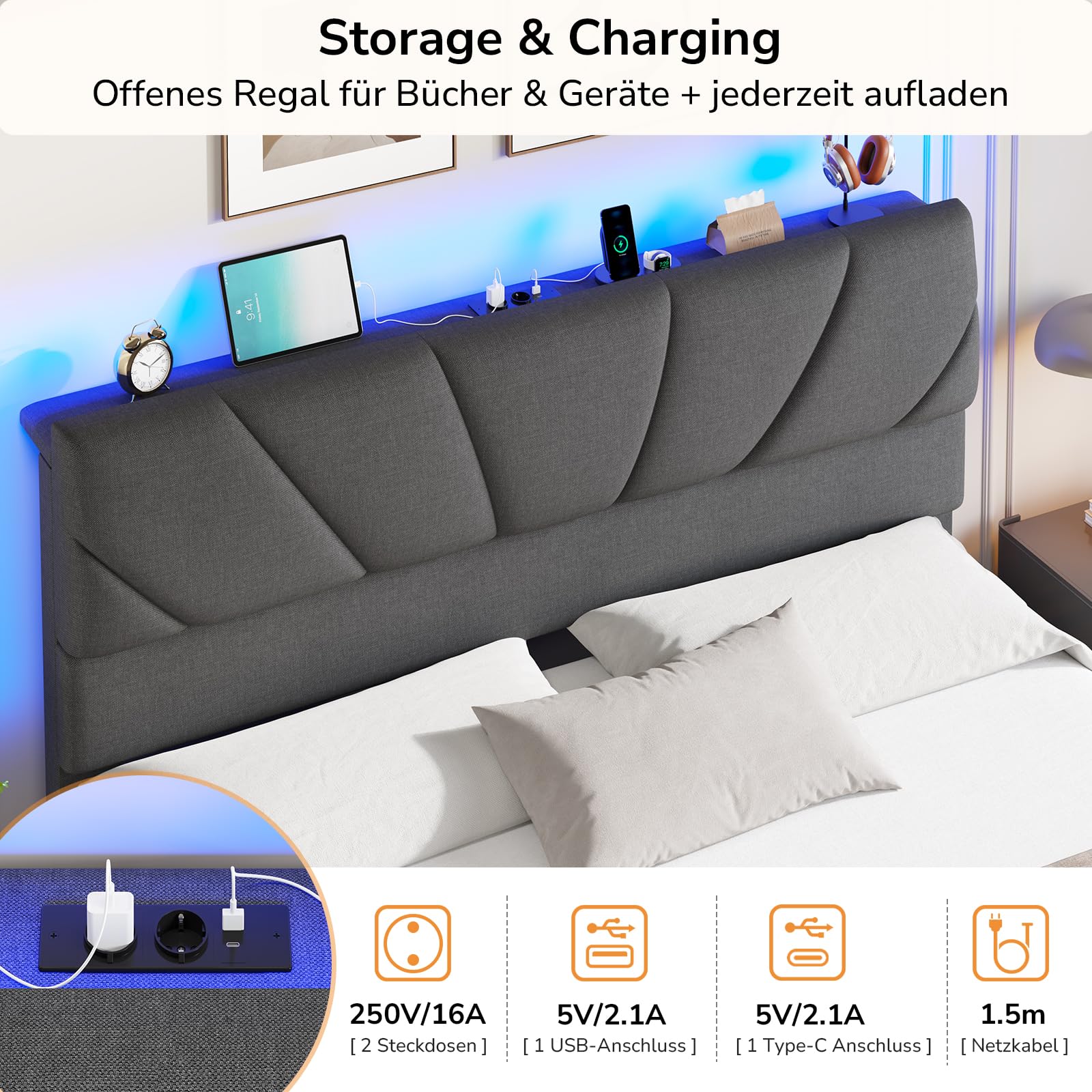Polsterbett 180x200 mit 1000L Stauraum & Lattenrost | Lift-Up, 1000L Stauraum, LED, USB/AC, 3-Fach Kopfhöhe, 400kg Tragkraft, geräuschlos