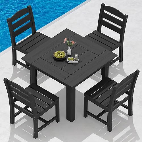 Vista 27 de SERWALL Juego de comedor al aire libre para 4, mesa cuadrada de polietileno de alta densidad y sillas para todo tipo de clima, juego de comedor