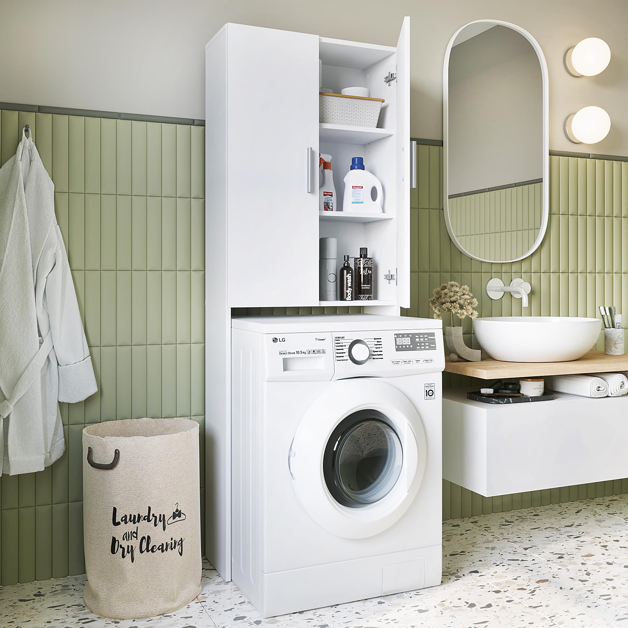 Komto Gizmo Meuble Machine à Laver – Blanc, Meuble Salle de Bain Rangement, Armoire au-Dessus du Lave-Linge, Armoire pour Machine à Laver | 65 x 180 x 27 cm (LxHxP)