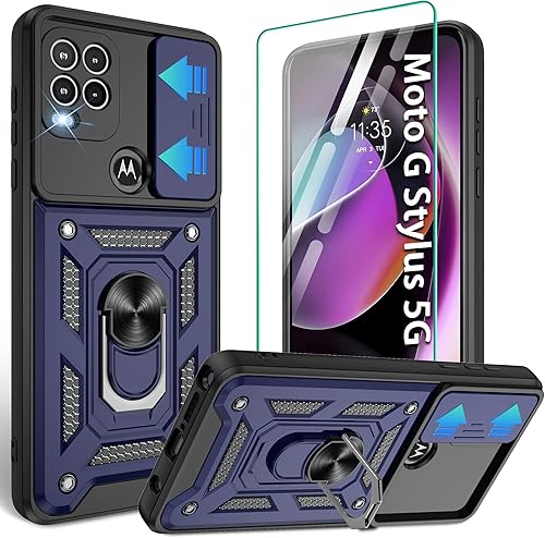 Gritup Funda para Moto G Stylus 5G-2021 con cubierta deslizante para cámara 1 paquete de protectores de pantalla HD Soporte de metal giratorio de
