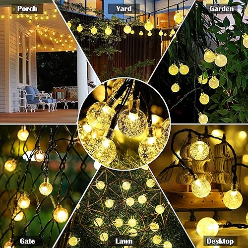 Miniatura 7 de Guirnalda de luces solares impermeables para exteriores, 50 LED de 23 pies, luces de globo de cristal con 8 modos de iluminación, luces de patio