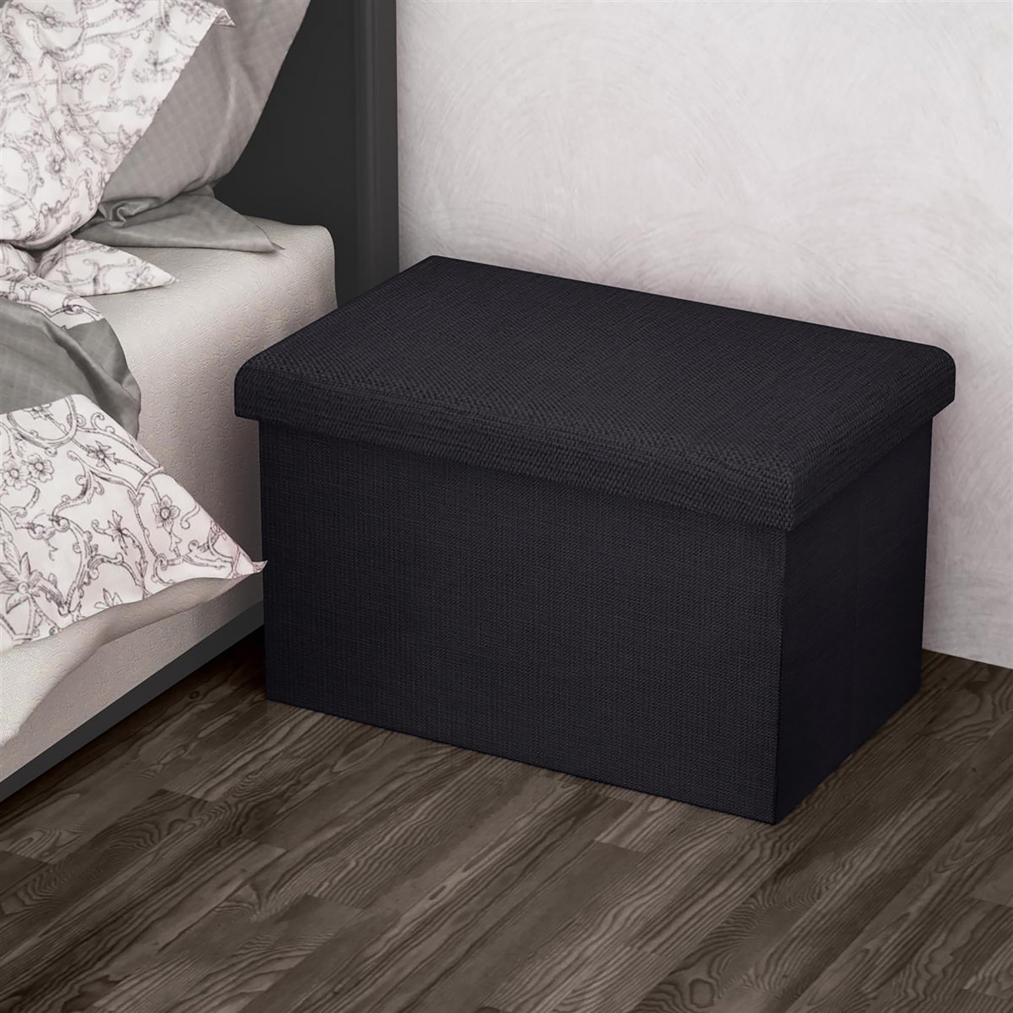 INTIRILIFE Panca pieghevole 49x30x30cm in BLACK - Cubo di seduta in tessuto con vano portaoggetti e coperchio in look lino - Cubo di seduta poggiapiedi pieghevole con cassetto portaoggetti - Sgabello