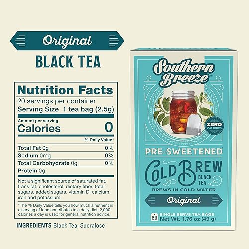 Miniatura 2 de Southern Breeze Cold Brew Sweet Tea Té helado original con té negro y cero carbohidratos, cero azúcar, 20 bolsas de té envueltas individualmente