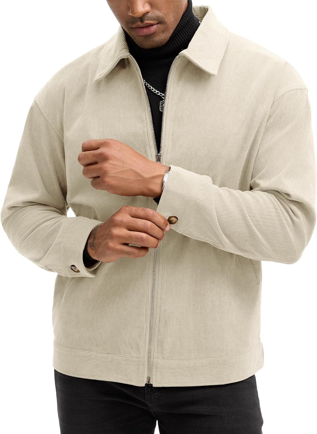 Comdecevis Men's Corduroy Bomber Jacket Zip Up Coat Trucker Vintage Jacket With Pocket&Lining - Image 3