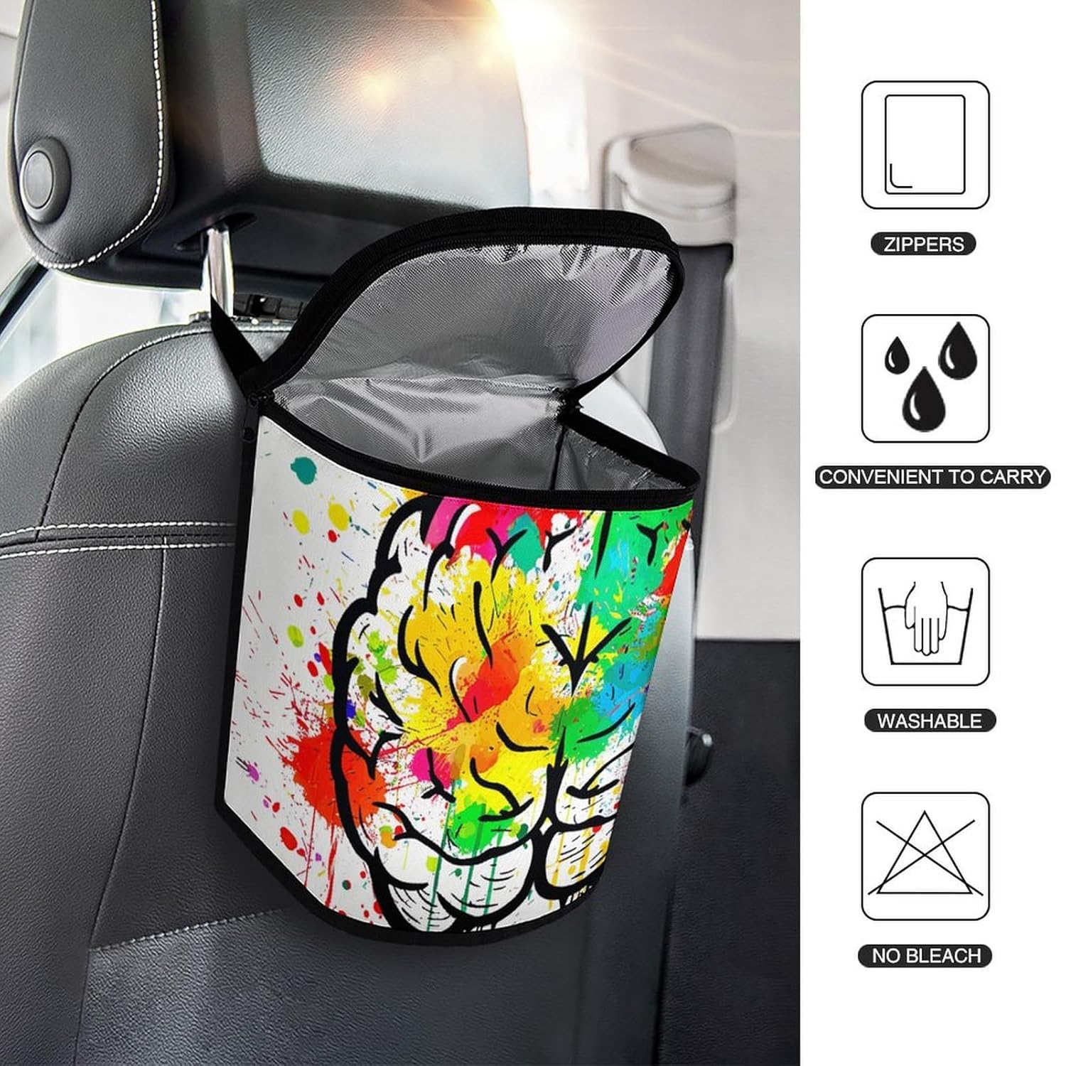 MUSM Leakproof Car Trash Can 2.5 Gallon, Durable Automotive Garbage Bag with Waterproof Liner, Hand Drawn Brain Trash Bag for Car, Truck, RV & Bathroom