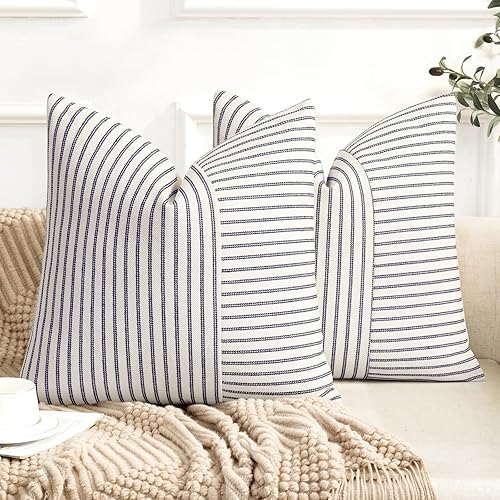 Fundas para cojines de estilo rústico de 16 x 16 pulgadas, 2 fundas cuadradas modernas, decorativas, con diseño de rayas azul marino y beige en