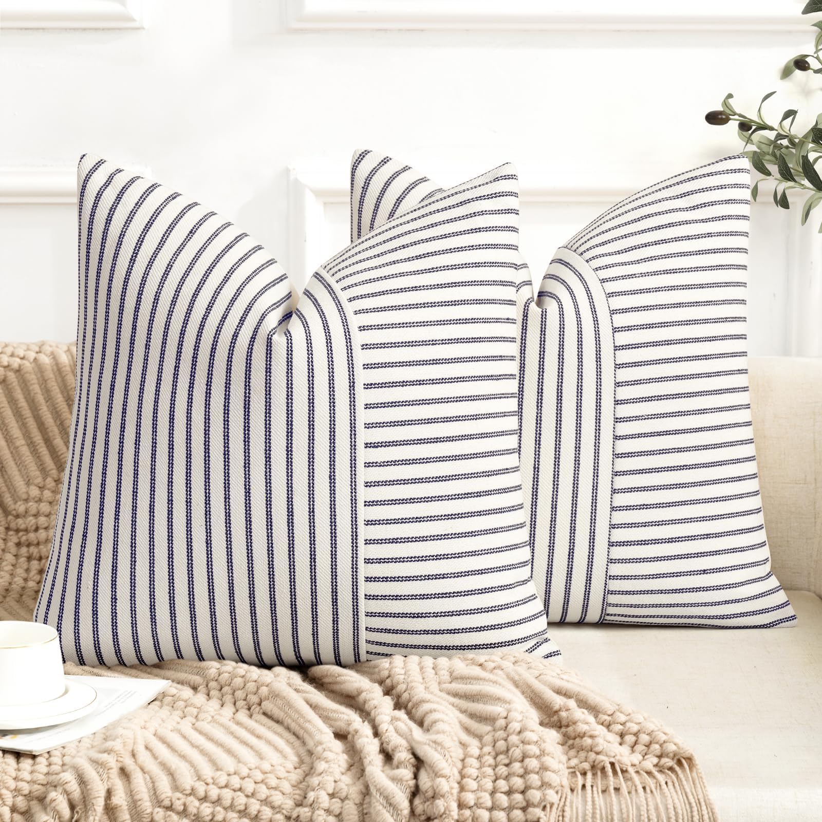 YCOLL Farmhouse Pillow Covers 16x16, Modern Accent Square Throw Pillow Covers Set of 2, Navy and Beige Striped Patchwork Linen Decorative Pillows