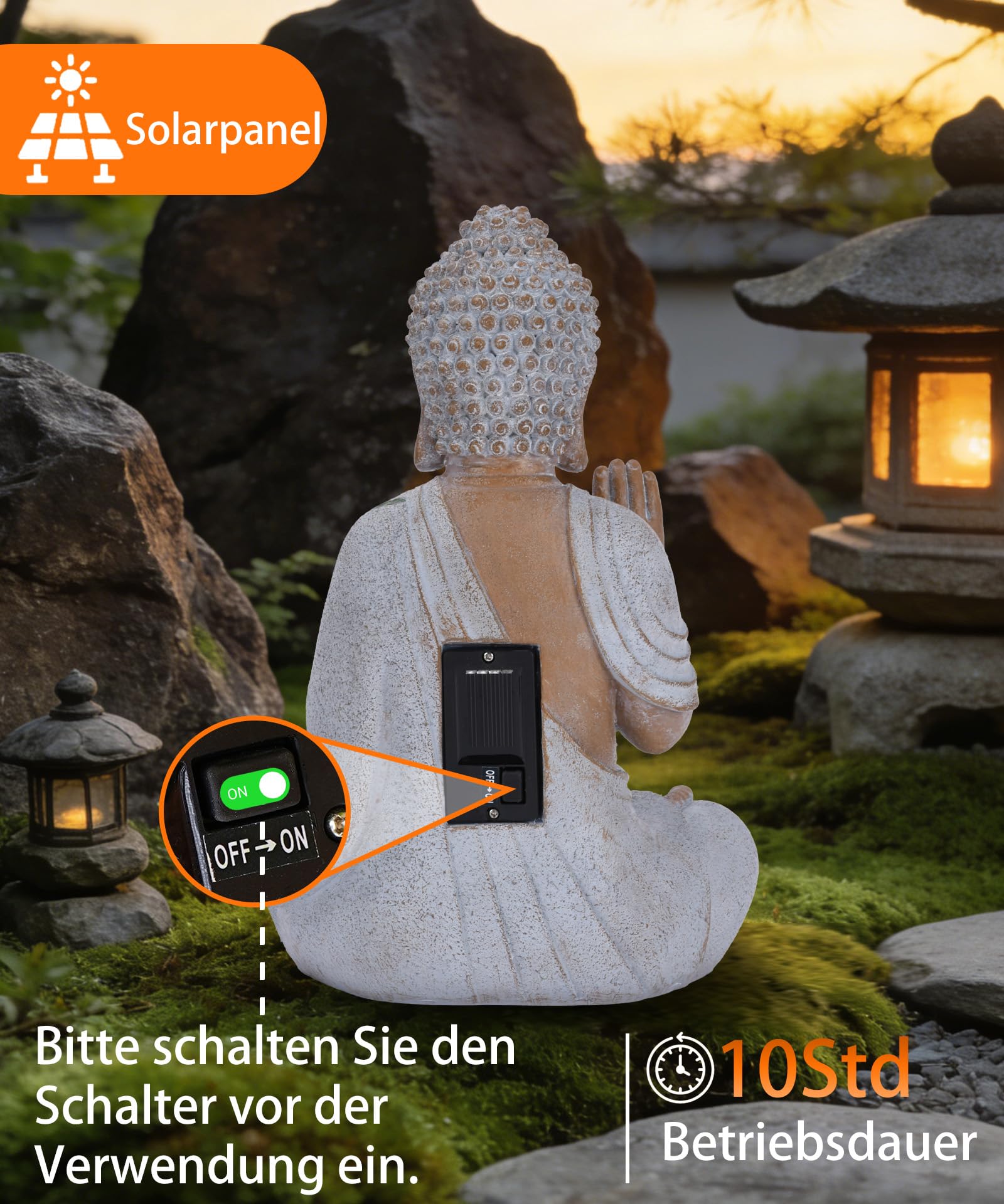 Yeomoo 27CM Buddha Figur mit Solar LED Lotus Gartendeko für Draußen